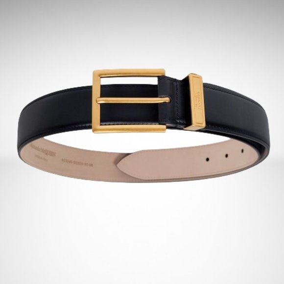 ALEXANDER MCQUEEN Men's The Gold Tone Buckle Belt in Black Calfskin Leather - Picture 2 of 8